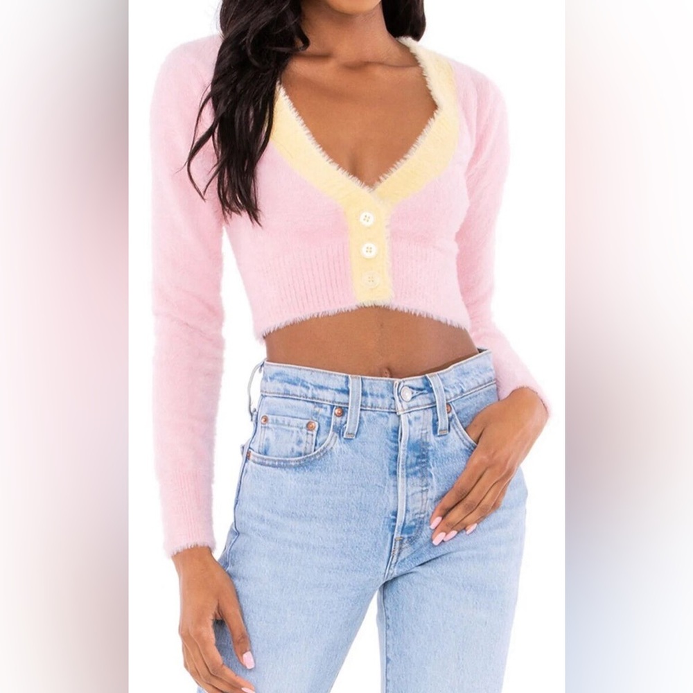 For Love And Lemons Sheila Cropped Cardigan, Pink/Yellow, 2X, Will Fit XL, 1X